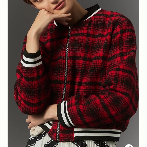 Maeve Red and Black Plaid Bomber Jacket - Picture 2 of 10